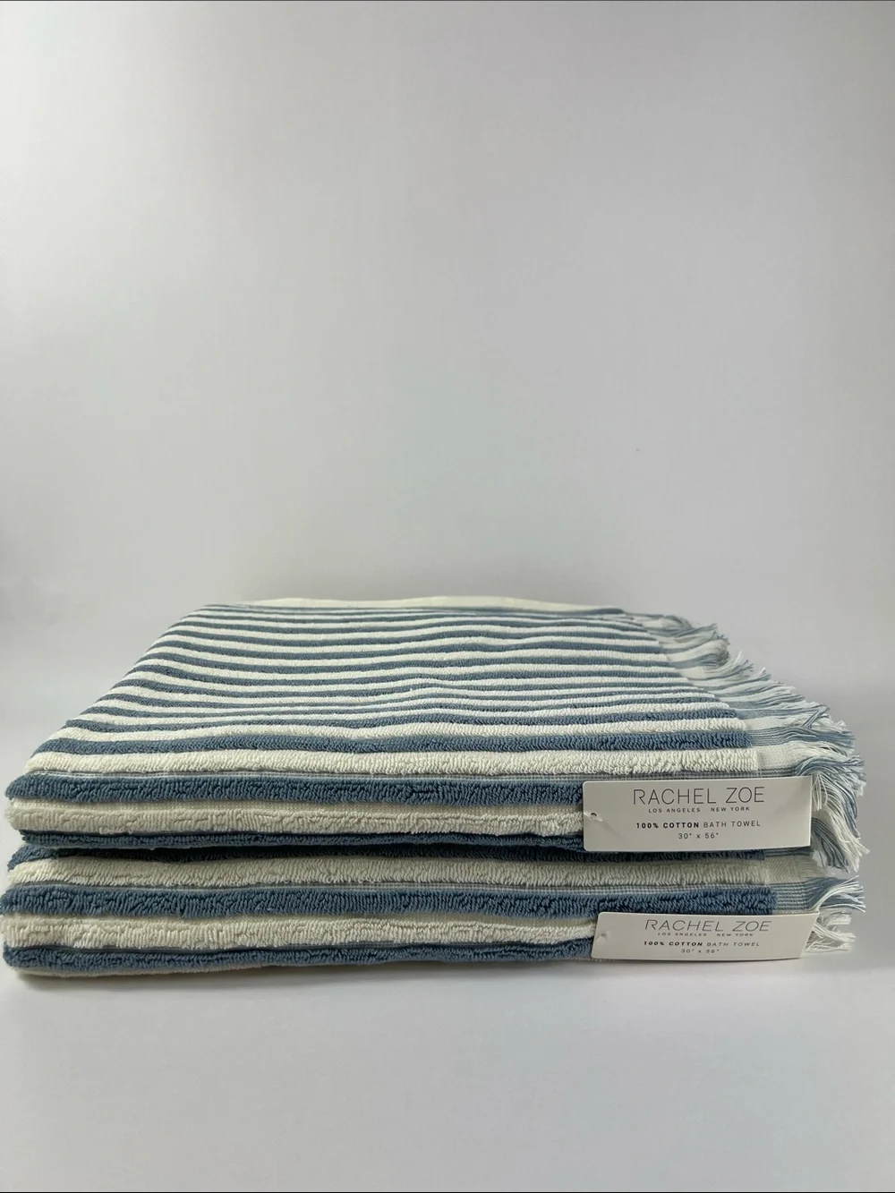 Rachel Zoe Bath Towel Set Blue White Striped with Fringe Soft Cotton 8 Pc NEW